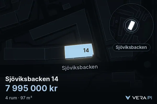 VERA PI's image of Sjöviksbacken 14: the building in 3D, lit in blue, and the map around it