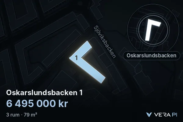 VERA PI's image of Oskarslundsbacken 1: the building in 3D, lit in blue, and the map around it