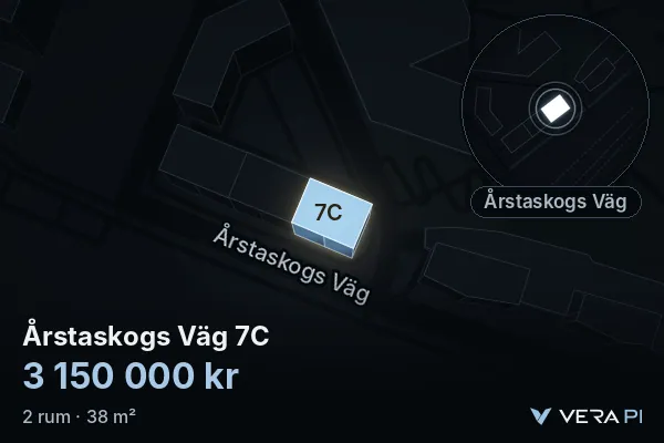 VERA PI's image of Årstaskogs Väg 7C: the building in 3D, lit in blue, and the map around it