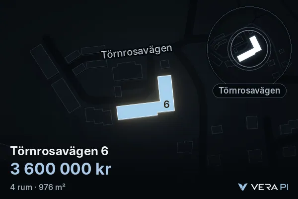 VERA PI's image of Törnrosavägen 6: the building in 3D, lit in blue, and the map around it