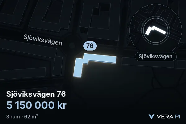 VERA PI's image of Sjöviksvägen 76: the building in 3D, lit in blue, and the map around it