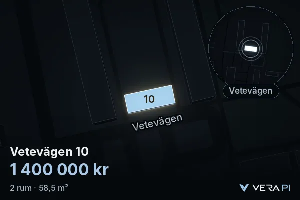 VERA PI's image of Vetevägen 10: the building in 3D, lit in blue, and the map around it