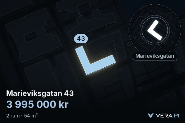 VERA PI's image of Marieviksgatan 43: the building in 3D, lit in blue, and the map around it