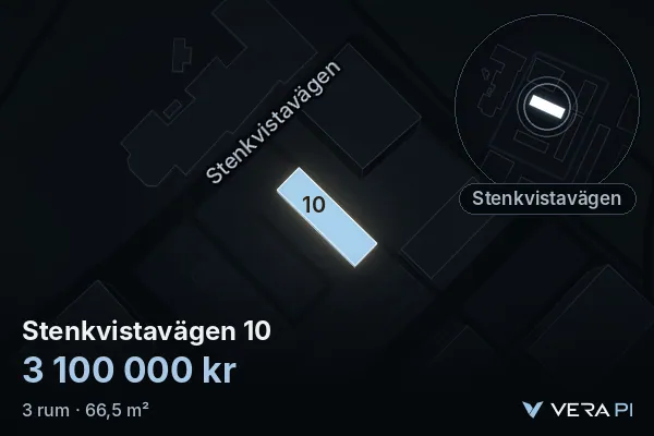 VERA PI:s bild av Stenkvistavägen 10: huset i 3D, upplyst i blått, och kartan runt omkring