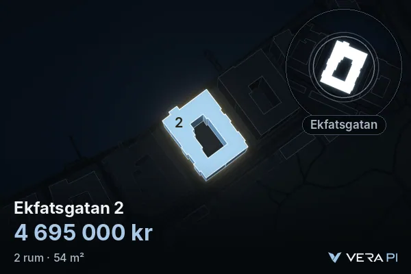 VERA PI's image of Ekfatsgatan 2: the building in 3D, lit in blue, and the map around it