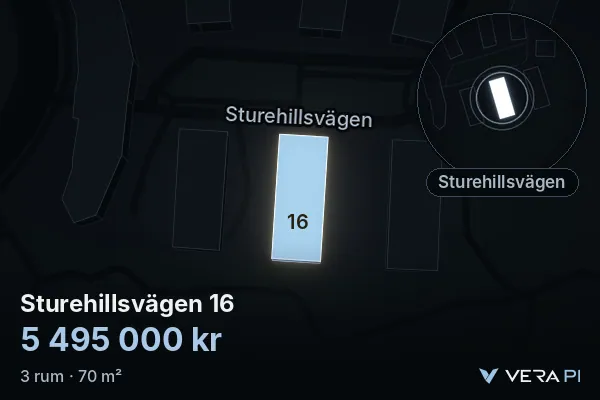 VERA PI's image of Sturehillsvägen 16: the building in 3D, lit in blue, and the map around it