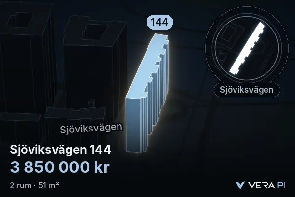 VERA PI's image of Sjöviksvägen 144: the building in 3D, lit in blue, and the map around it