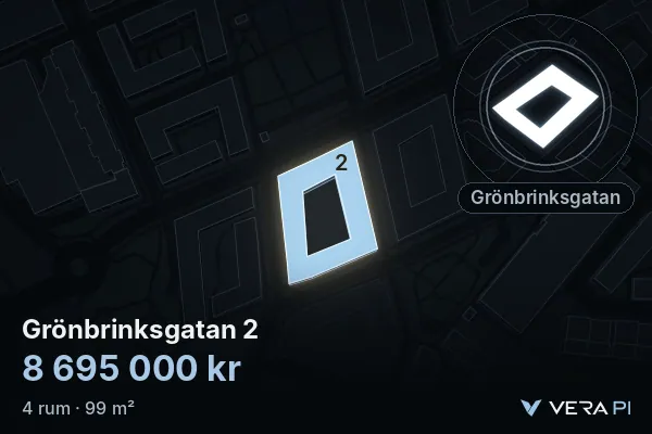 VERA PI's image of Grönbrinksgatan 2: the building in 3D, lit in blue, and the map around it