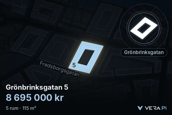 VERA PI's image of Grönbrinksgatan 5: the building in 3D, lit in blue, and the map around it