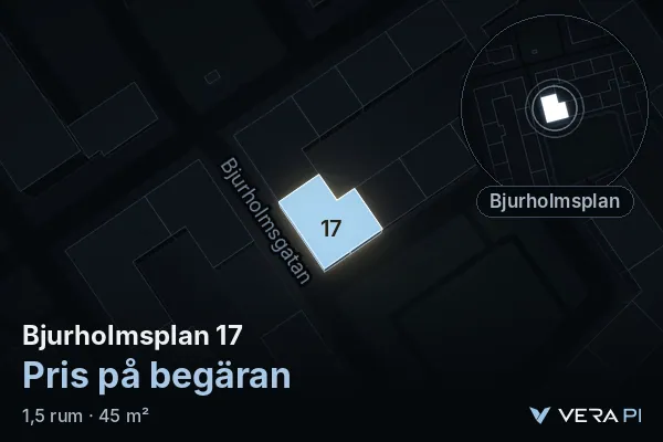 VERA PI:s bild av Bjurholmsplan 17: huset i 3D, upplyst i blått, och kartan runt omkring