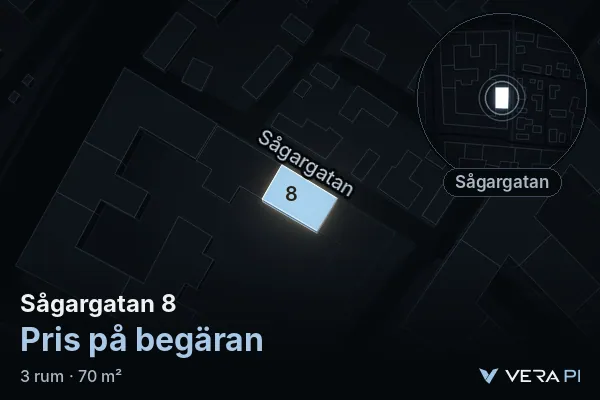 VERA PI's image of Sågargatan 8: the building in 3D, lit in blue, and the map around it