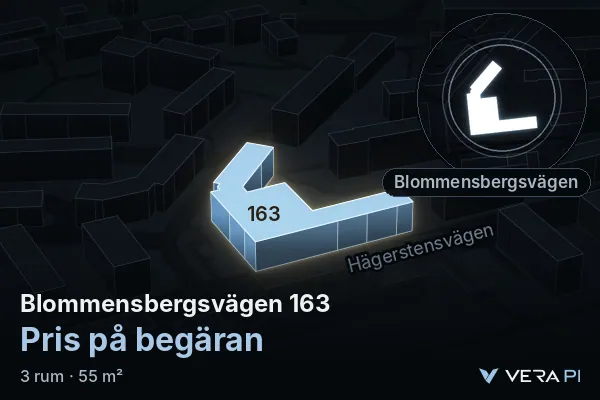 VERA PI:s bild av Blommensbergsvägen 163: huset i 3D, upplyst i blått, och kartan runt omkring