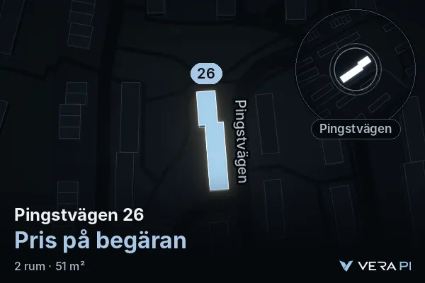 VERA PI's image of Pingstvägen 26: the building in 3D, lit in blue, and the map around it