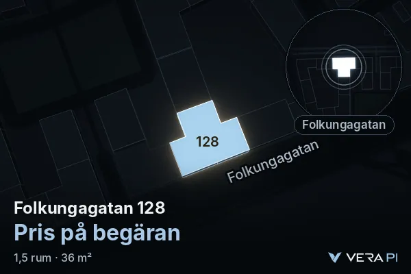 VERA PI's image of Folkungagatan 128: the building in 3D, lit in blue, and the map around it