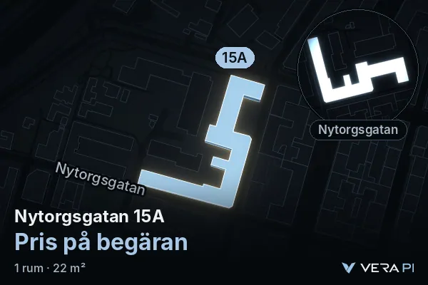 VERA PI's image of Nytorgsgatan 15A: the building in 3D, lit in blue, and the map around it
