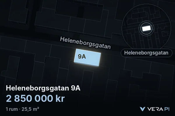 VERA PI:s bild av Heleneborgsgatan 9A: huset i 3D, upplyst i blått, och kartan runt omkring
