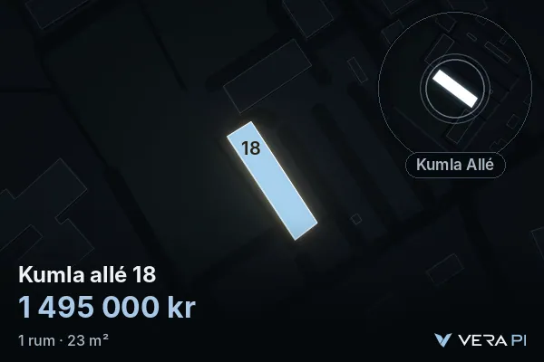 VERA PI's image of Kumla allé 18: the building in 3D, lit in blue, and the map around it
