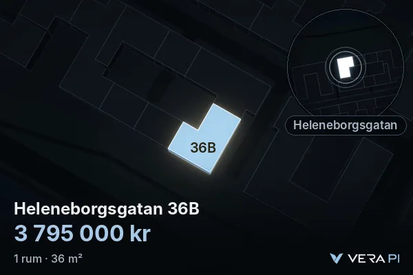 VERA PI:s bild av Heleneborgsgatan 36B: huset i 3D, upplyst i blått, och kartan runt omkring