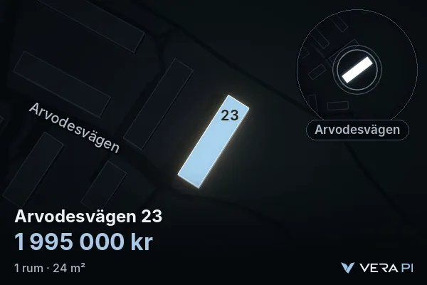 VERA PI:s bild av Arvodesvägen 23: huset i 3D, upplyst i blått, och kartan runt omkring