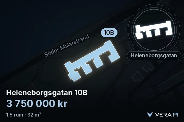 VERA PI:s bild av Heleneborgsgatan 10B: huset i 3D, upplyst i blått, och kartan runt omkring