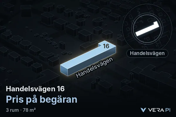VERA PI:s bild av Handelsvägen 16: huset i 3D, upplyst i blått, och kartan runt omkring