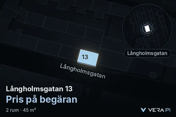 VERA PI's image of Långholmsgatan 13: the building in 3D, lit in blue, and the map around it