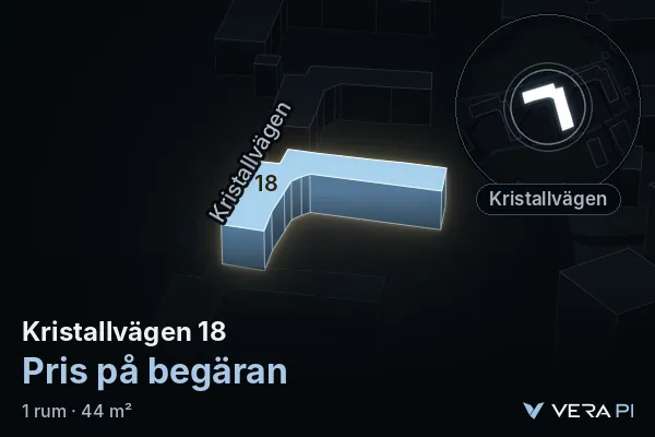 VERA PI:s bild av Kristallvägen 18: huset i 3D, upplyst i blått, och kartan runt omkring