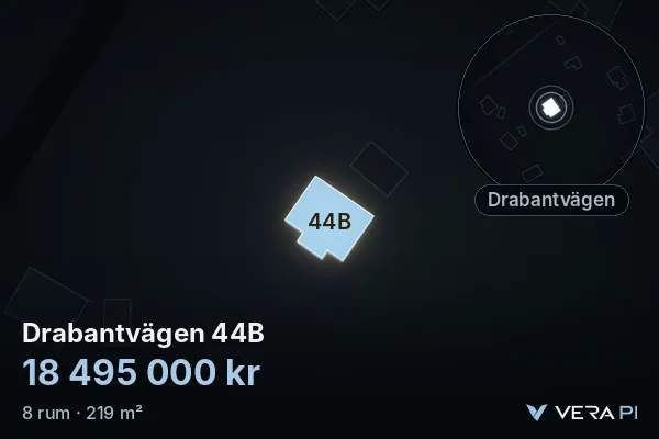 VERA PI:s bild av Drabantvägen 44B: huset i 3D, upplyst i blått, och kartan runt omkring