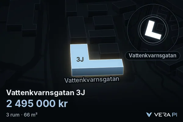 VERA PI:s bild av Vattenkvarnsgatan 3J: huset i 3D, upplyst i blått, och kartan runt omkring