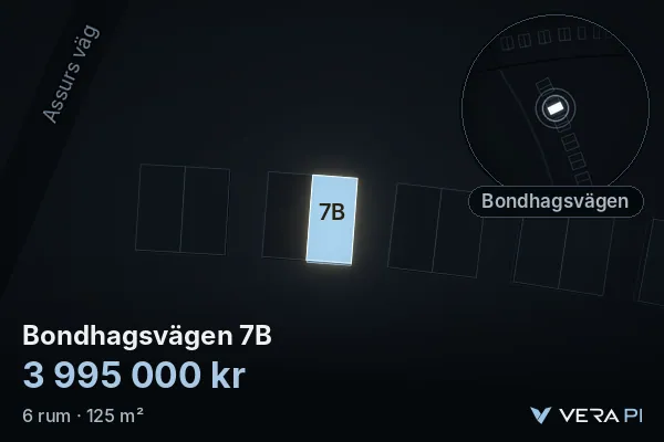 VERA PI:s bild av Bondhagsvägen 7B: huset i 3D, upplyst i blått, och kartan runt omkring