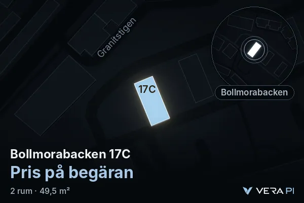 VERA PI:s bild av Bollmorabacken 17C: huset i 3D, upplyst i blått, och kartan runt omkring
