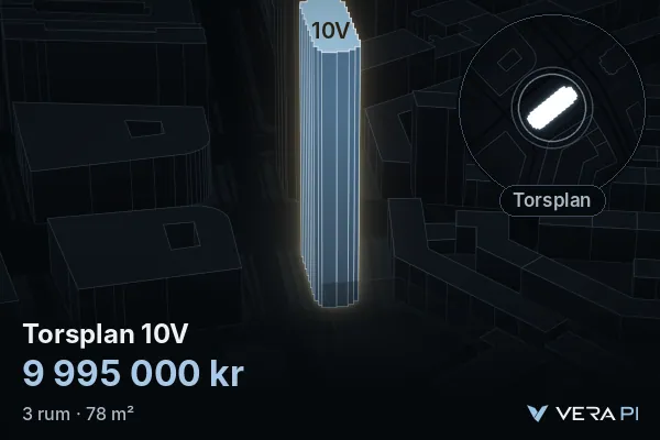VERA PI's image of Torsplan 10V: the building in 3D, lit in blue, and the map around it