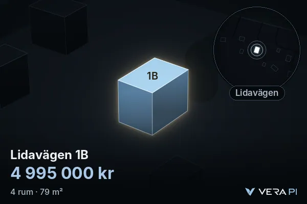 VERA PI:s bild av Lidavägen 1B: huset i 3D, upplyst i blått, och kartan runt omkring