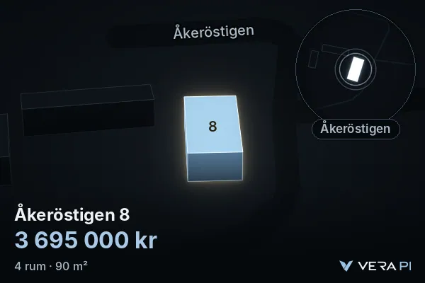 VERA PI:s bild av Åkeröstigen 8: huset i 3D, upplyst i blått, och kartan runt omkring