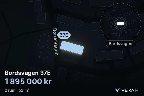 VERA PI's image of Bordsvägen 37E: the building in 3D, lit in blue, and the map around it