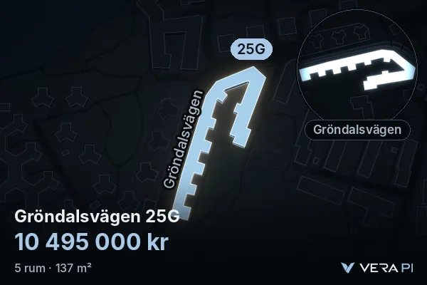 VERA PI's image of Gröndalsvägen 25G: the building in 3D, lit in blue, and the map around it