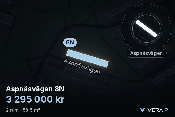 VERA PI's image of Aspnäsvägen 8N: the building in 3D, lit in blue, and the map around it