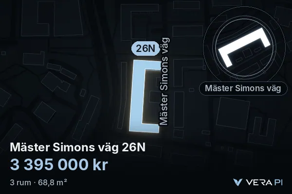 VERA PI's image of Mäster Simons väg 26N: the building in 3D, lit in blue, and the map around it