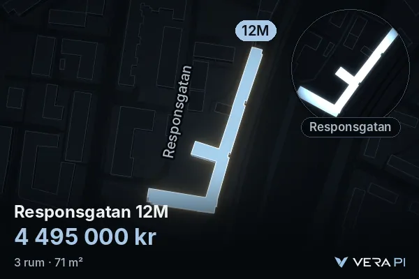 VERA PI's image of Responsgatan 12M: the building in 3D, lit in blue, and the map around it
