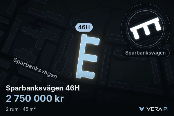 VERA PI:s bild av Sparbanksvägen 46H: huset i 3D, upplyst i blått, och kartan runt omkring