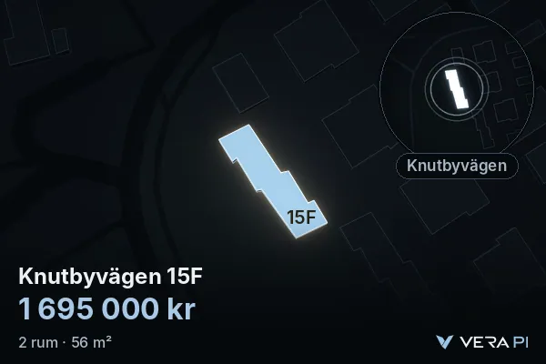 VERA PI's image of Knutbyvägen 15F: the building in 3D, lit in blue, and the map around it