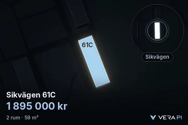 VERA PI's image of Sikvägen 61C: the building in 3D, lit in blue, and the map around it