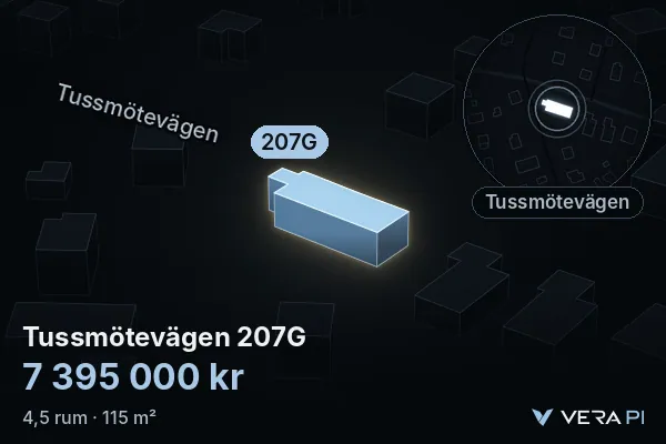 VERA PI's image of Tussmötevägen 207G: the building in 3D, lit in blue, and the map around it