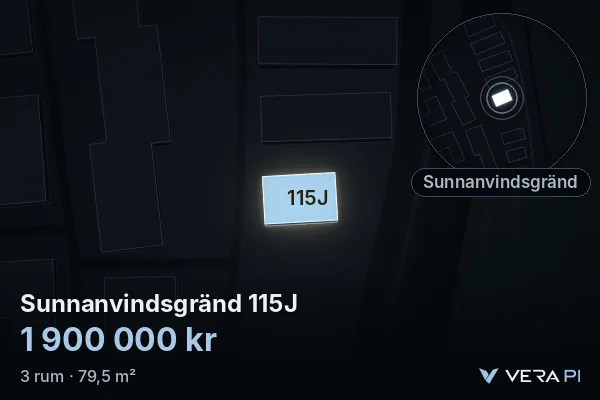 VERA PI's image of Sunnanvindsgränd 115J: the building in 3D, lit in blue, and the map around it