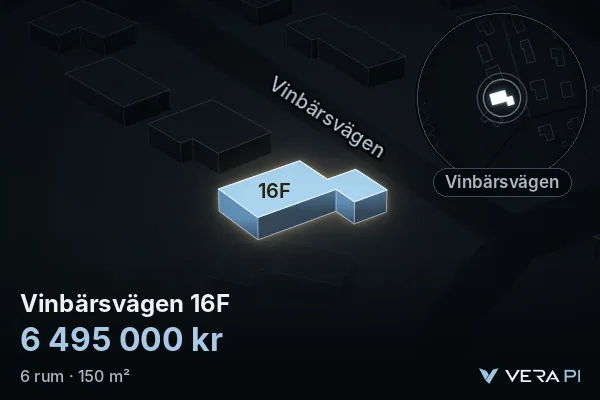 VERA PI:s bild av Vinbärsvägen 16F: huset i 3D, upplyst i blått, och kartan runt omkring