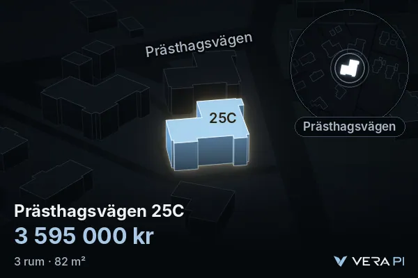 VERA PI's image of Prästhagsvägen 25C: the building in 3D, lit in blue, and the map around it
