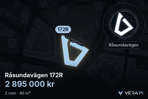 VERA PI's image of Råsundavägen 172R: the building in 3D, lit in blue, and the map around it