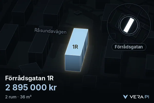 VERA PI:s bild av Förrådsgatan 1R: huset i 3D, upplyst i blått, och kartan runt omkring