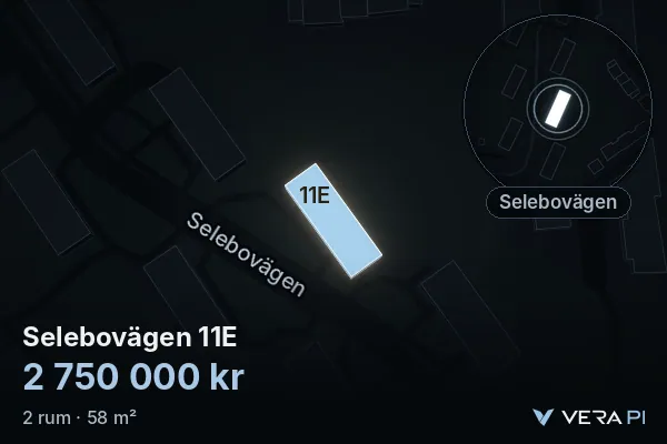 VERA PI:s bild av Selebovägen 11E: huset i 3D, upplyst i blått, och kartan runt omkring