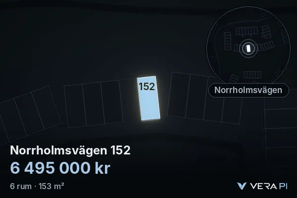 VERA PI:s bild av Norrholmsvägen 152: huset i 3D, upplyst i blått, och kartan runt omkring